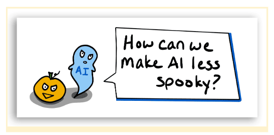 A hand-drawn sketch of a jack-o-lantern and a ghost with a speech bubble that reads “How can we make AI less spooky?