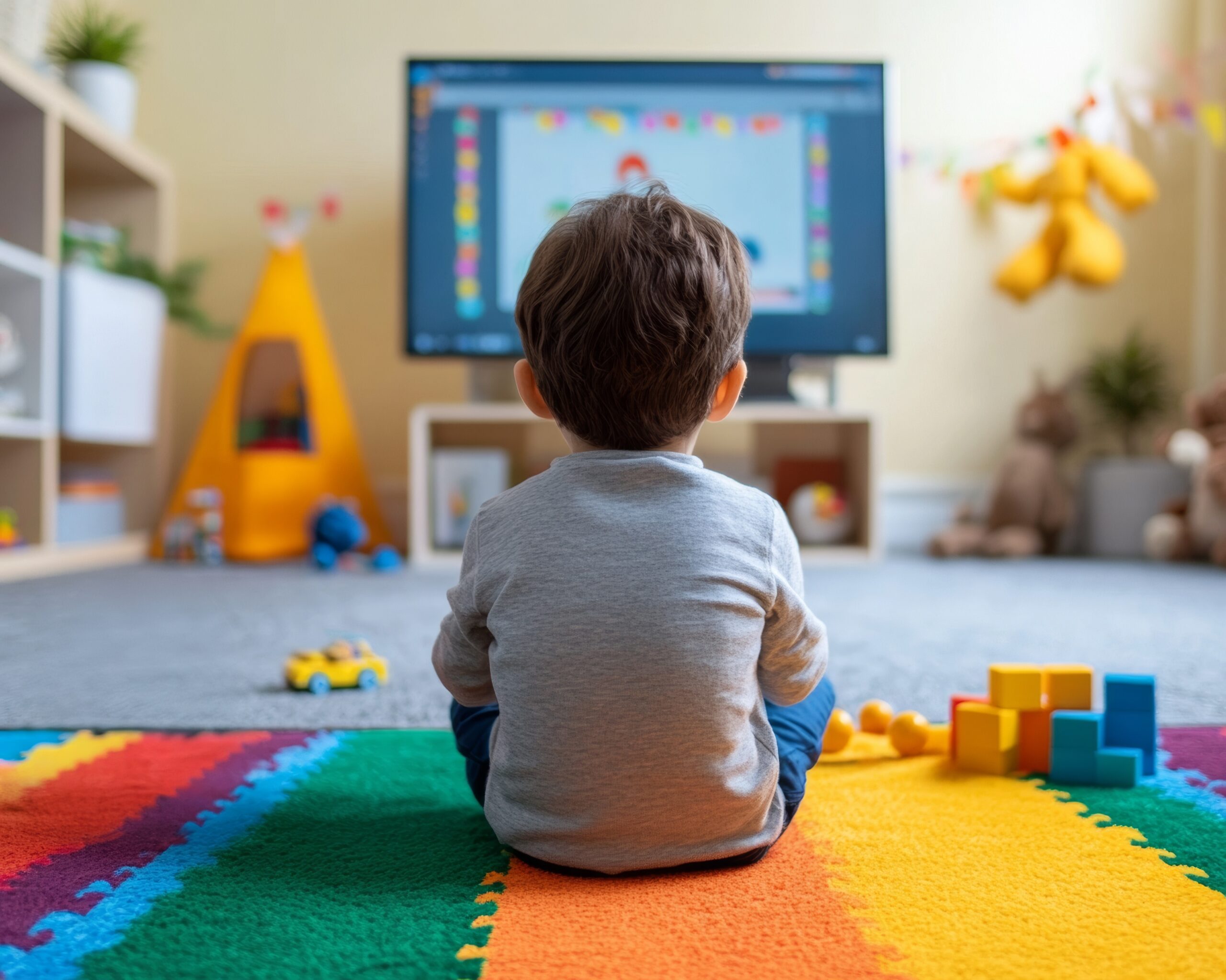 back view of young child engaged with tv in colorful playroom