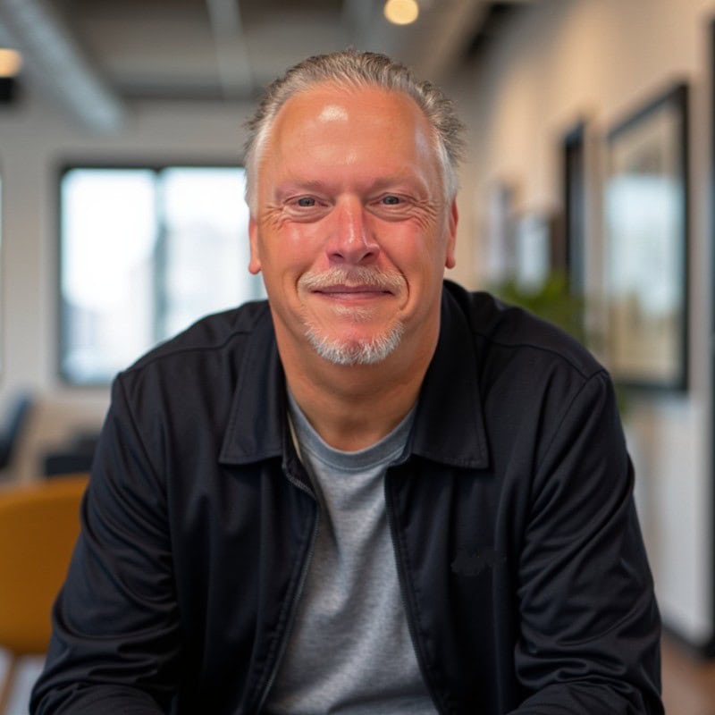 A man smiling in modern office environment.