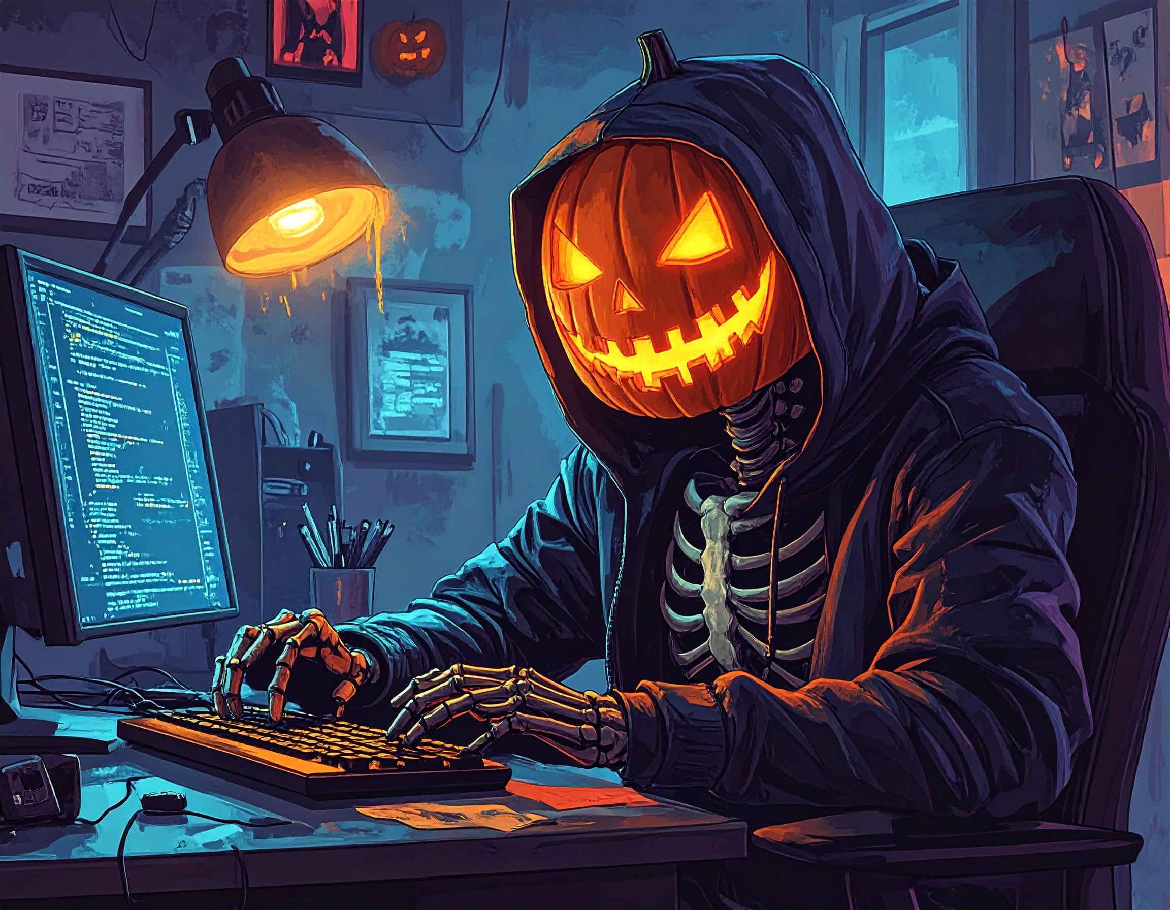 firefly a skeleton with a jack o lantern head sitting at a computer hacking cyber information 294787