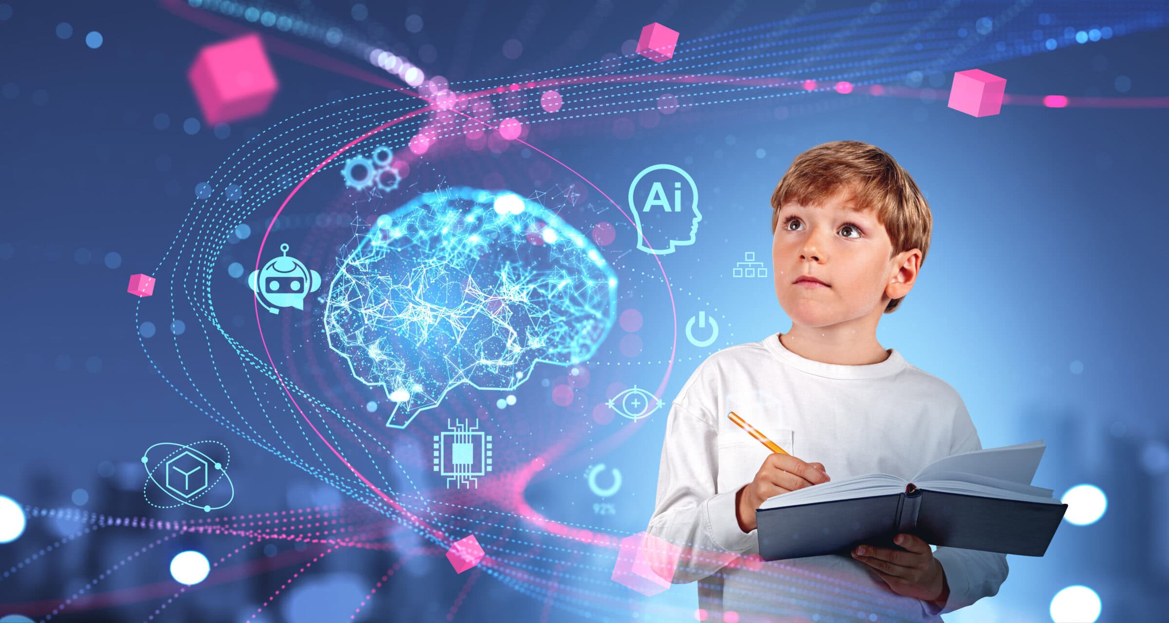 boy taking notes, digital ai brain hologram with icons and data blocks