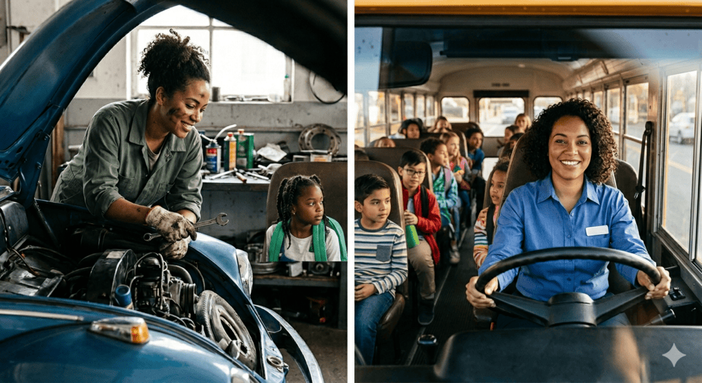 two pictures: a teacher working on car and the same teacher driving a bus with kids