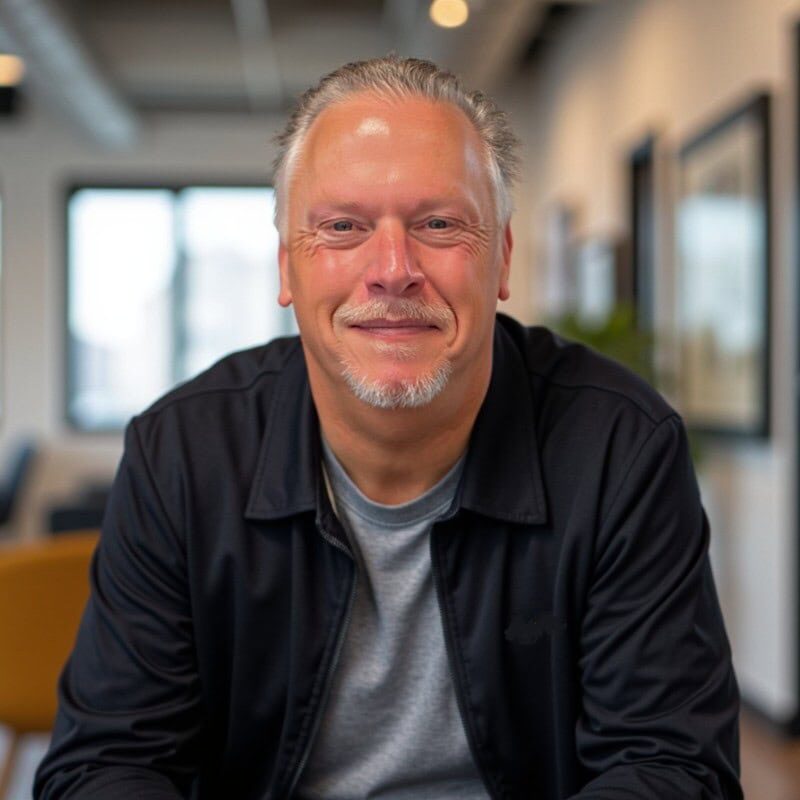 A man smiling in modern office environment.